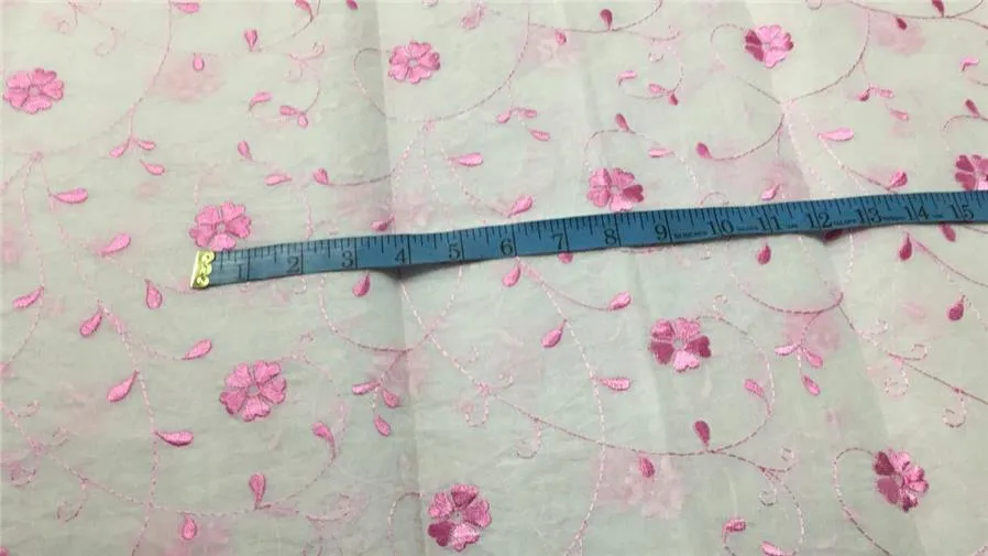 100 % Cotton organdy fabric floral pink colour embroidered single length 2.70 yards 44" wide[9229]