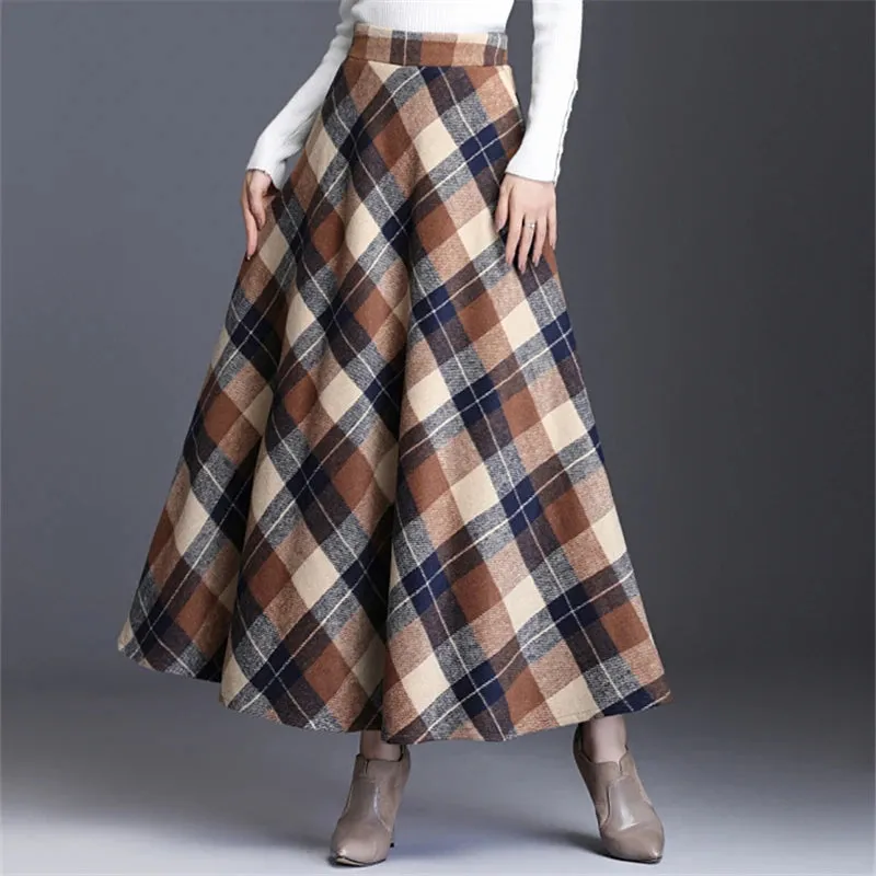 A-Line Wool Tartan Skirt with England Style Midi-Length