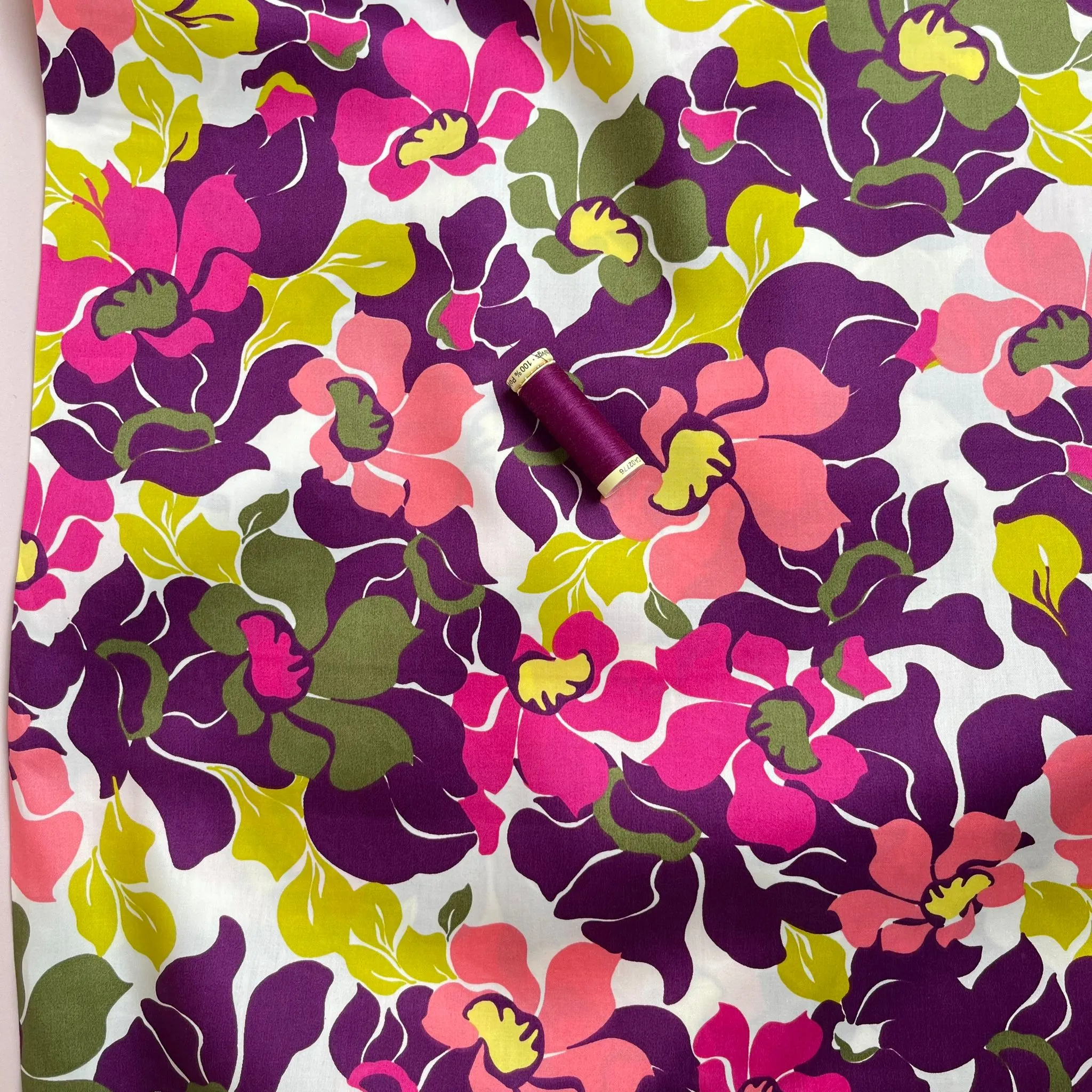 Abstract Green and Purple Blooms Cotton Sateen Fabric