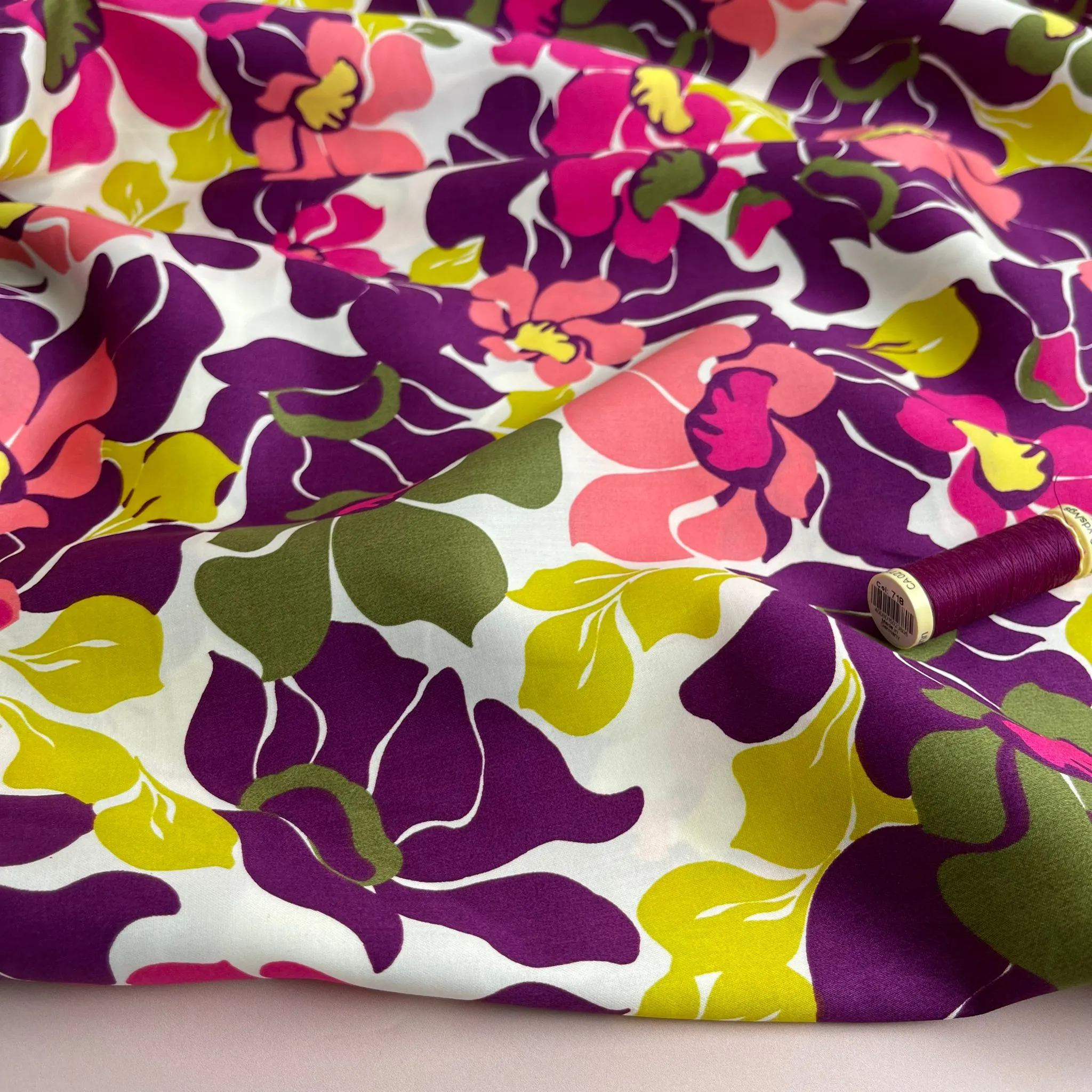 Abstract Green and Purple Blooms Cotton Sateen Fabric