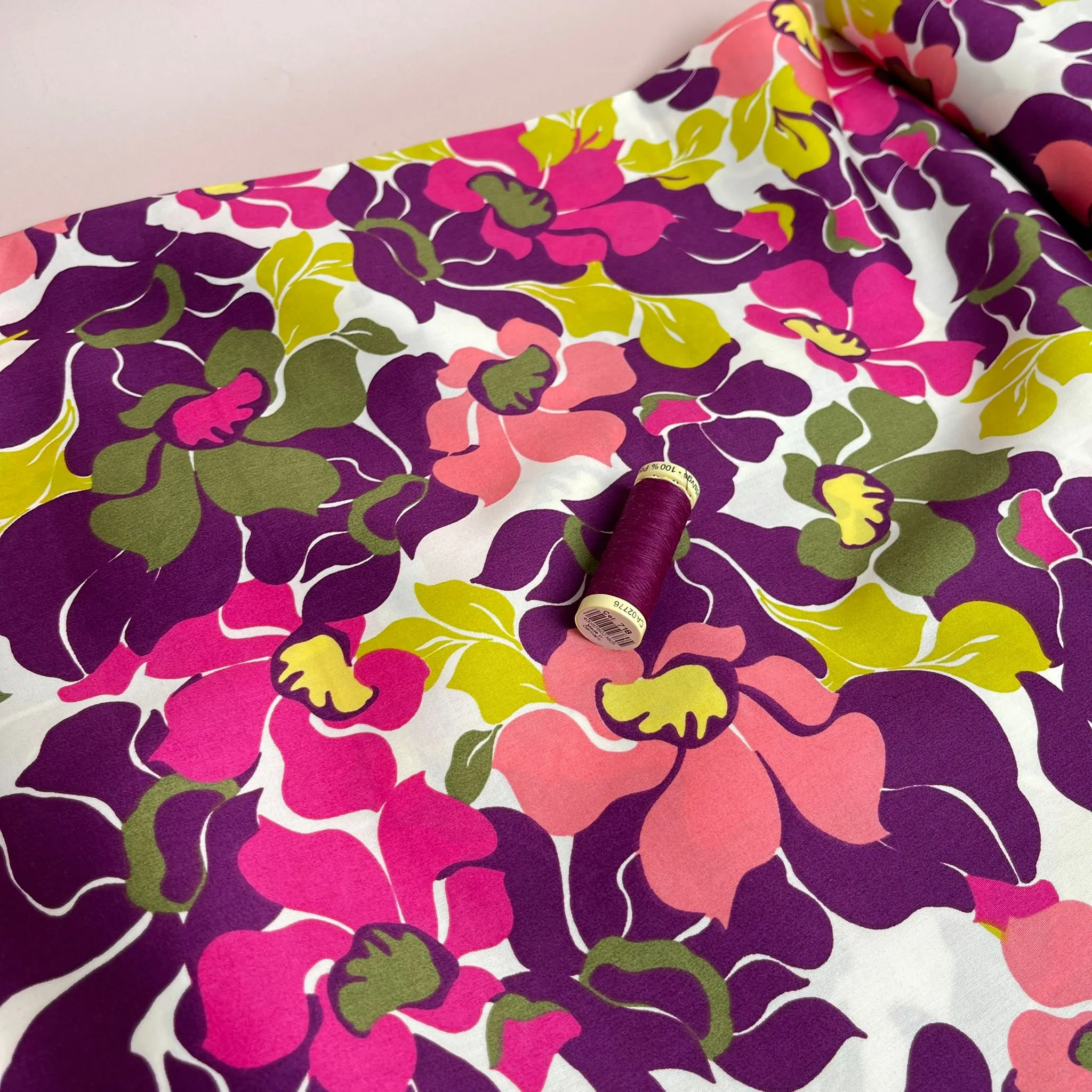 Abstract Green and Purple Blooms Cotton Sateen Fabric