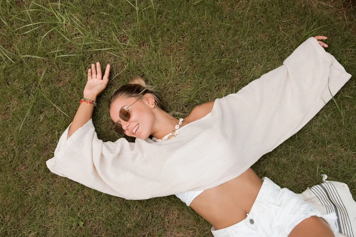 Beige Muslin Off Shoulder Crop Top Blouse