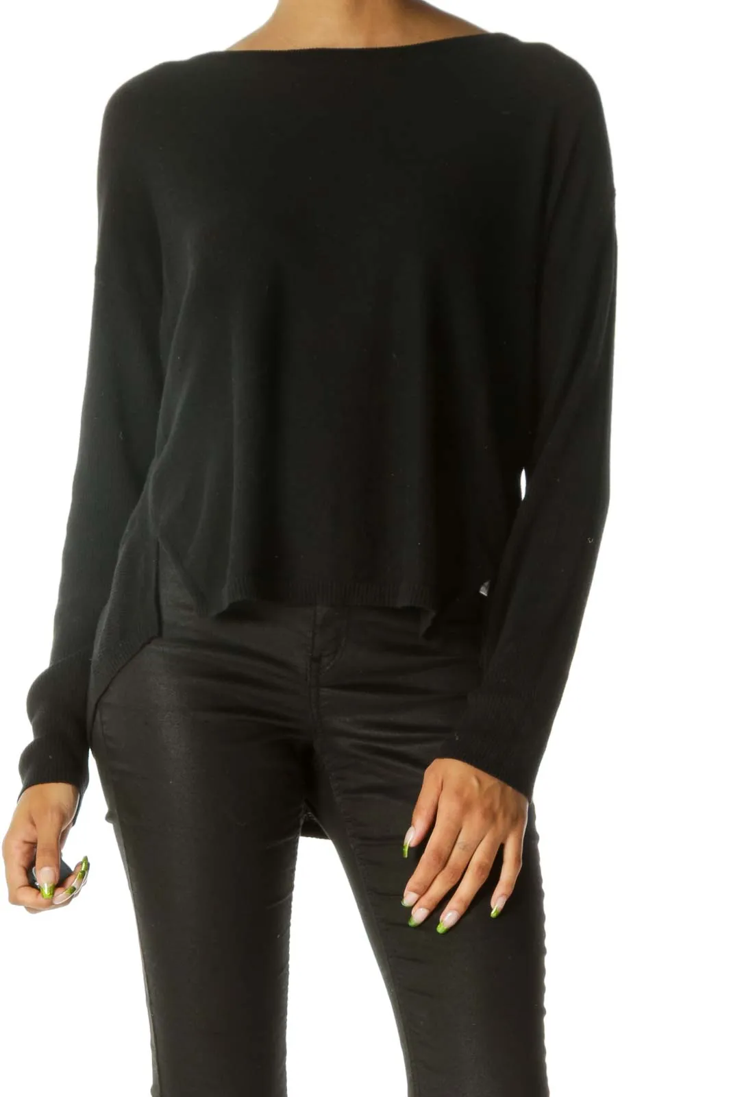 Black Hi-Lo Thermal-Sleeve Sweater