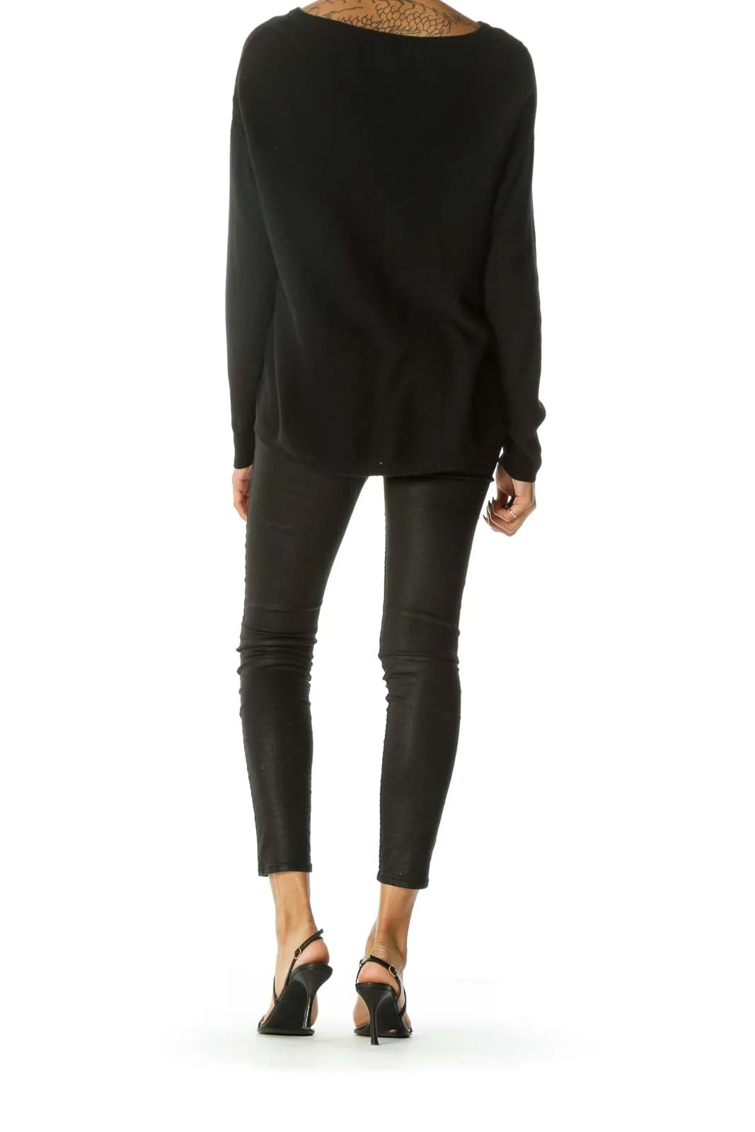 Black Hi-Lo Thermal-Sleeve Sweater