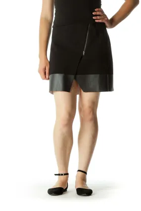 Black Mixed-Media Zippered Slit A-Line Skirt