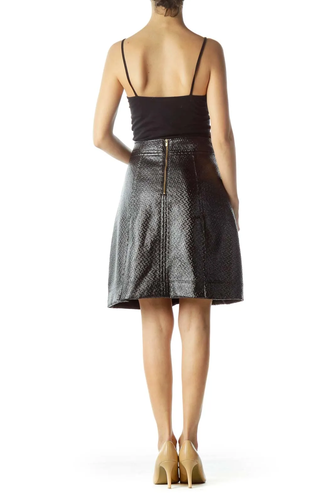 Black Texture Shiny Zippered Pockets A-Line Skirt