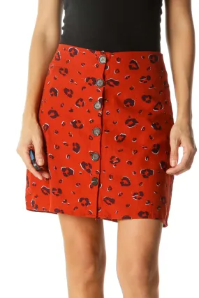 Brick Orange Black Animal Print Buttoned Thin A-Line Skirt