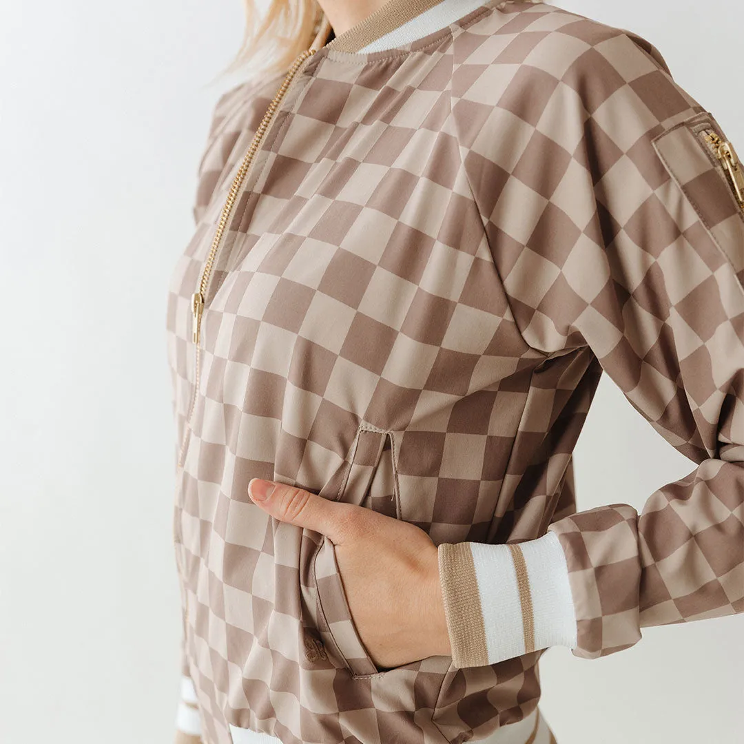 Brown Checkers Bomber Jacket