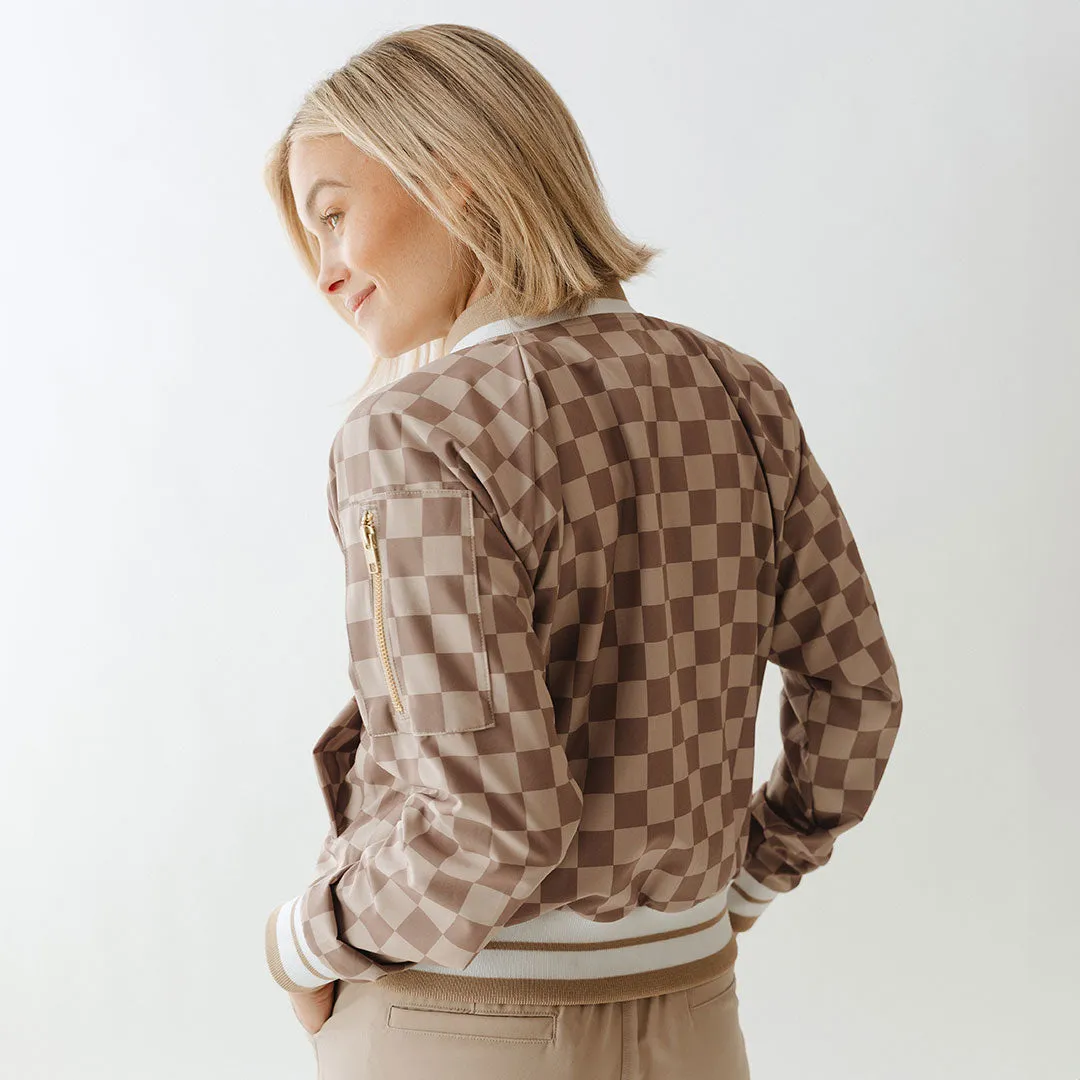 Brown Checkers Bomber Jacket