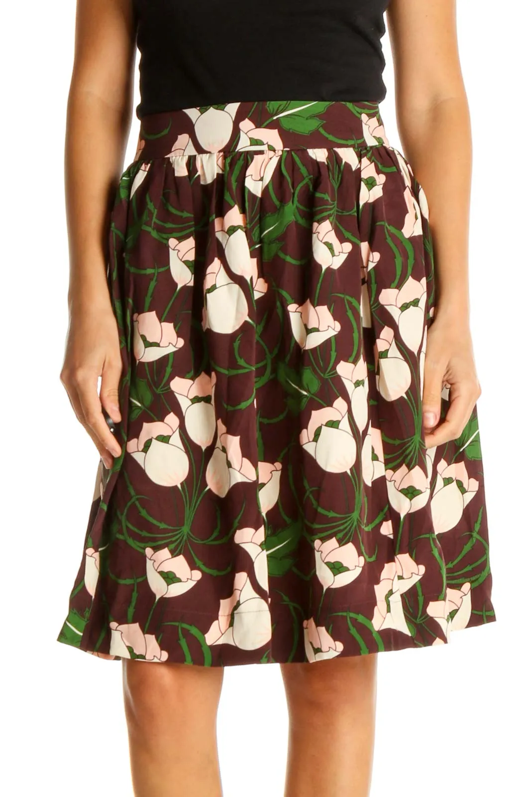 Brown Silk Floral Print Chic A-Line Skirt