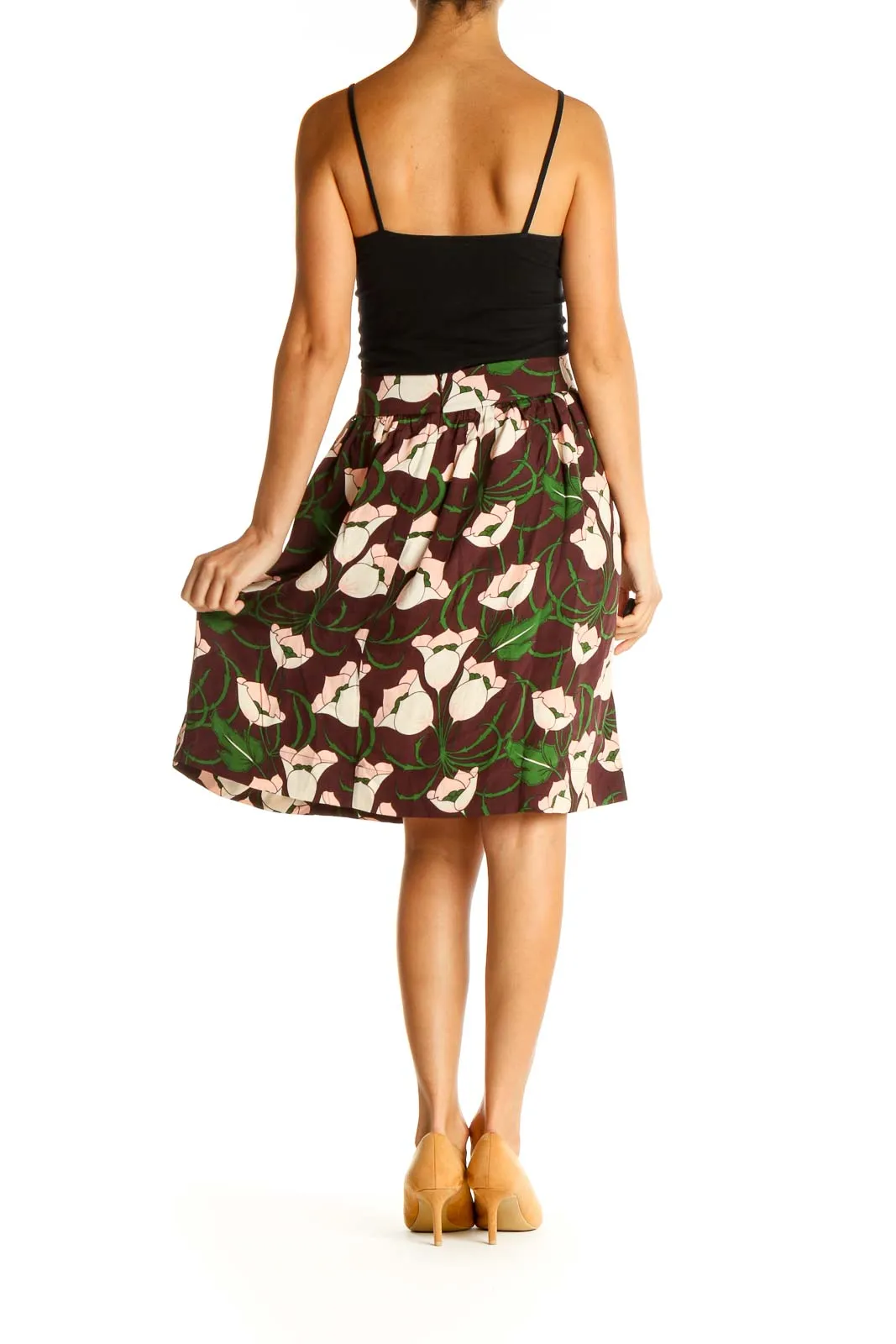 Brown Silk Floral Print Chic A-Line Skirt