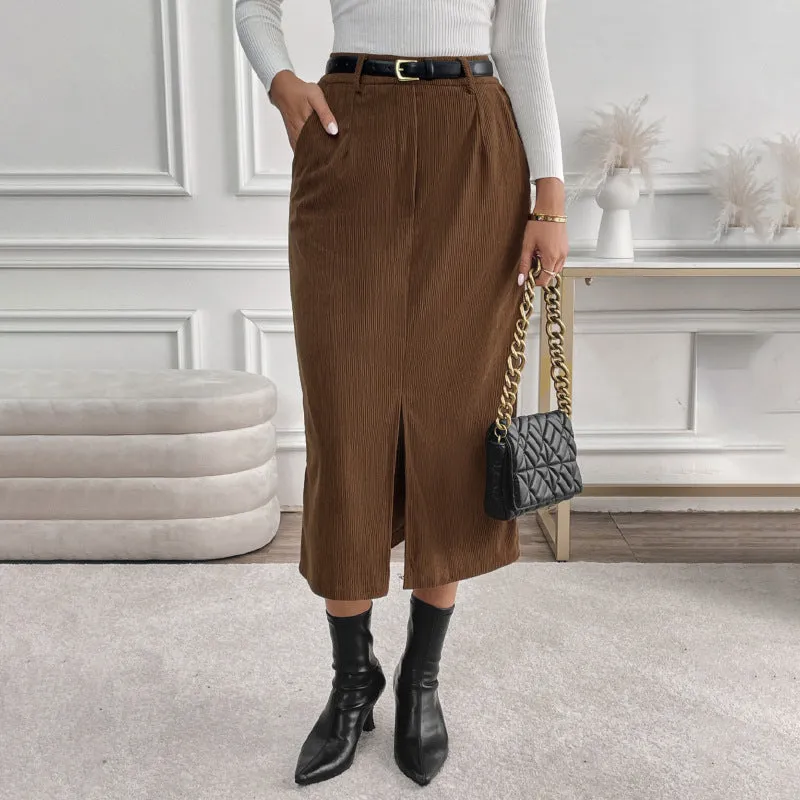 Coffee Brown Retro Temperament Split A-line Corduroy Midi Skirt