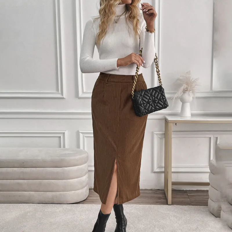 Coffee Brown Retro Temperament Split A-line Corduroy Midi Skirt