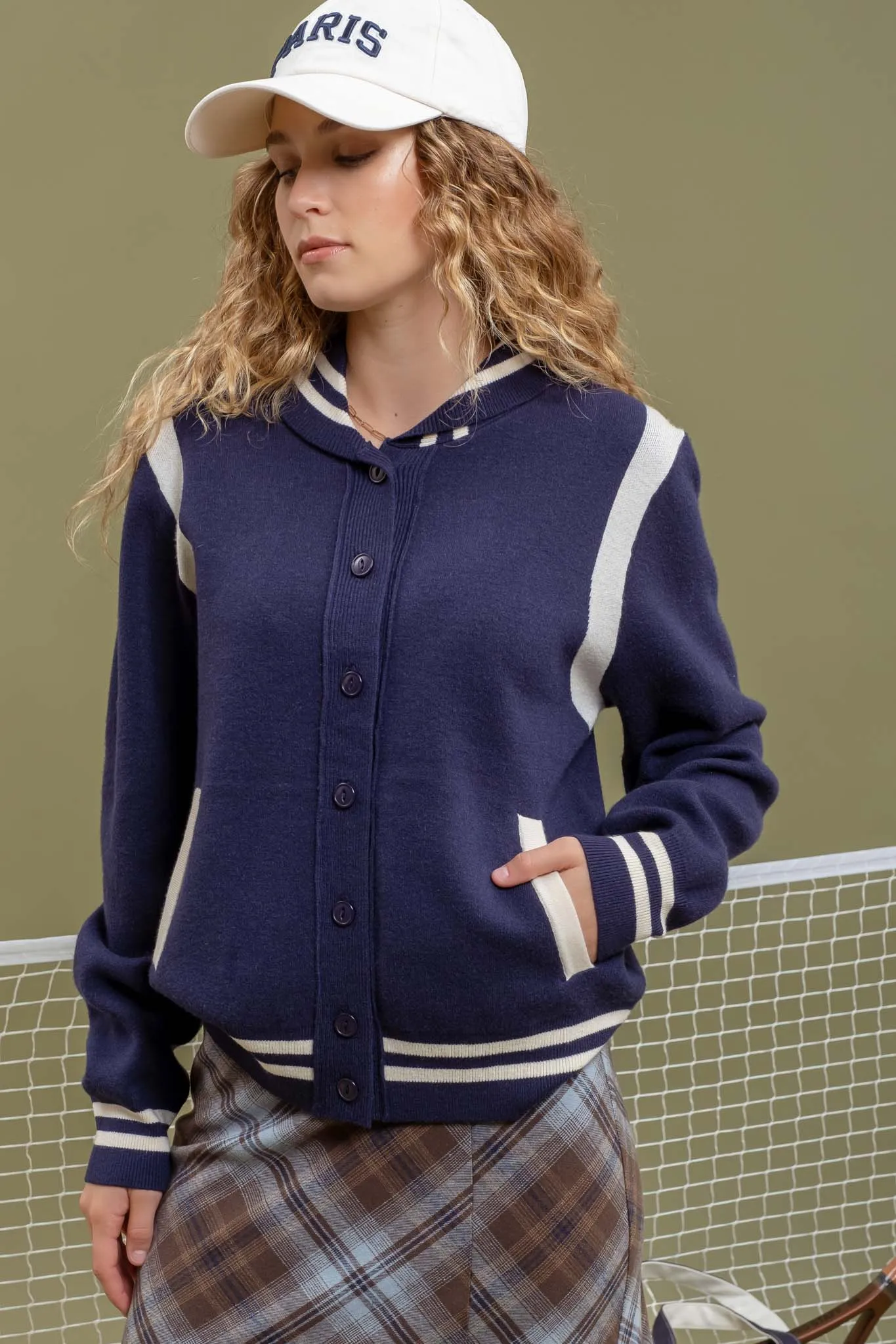 COLLARED BUTTON UP VARSITY SWEATER