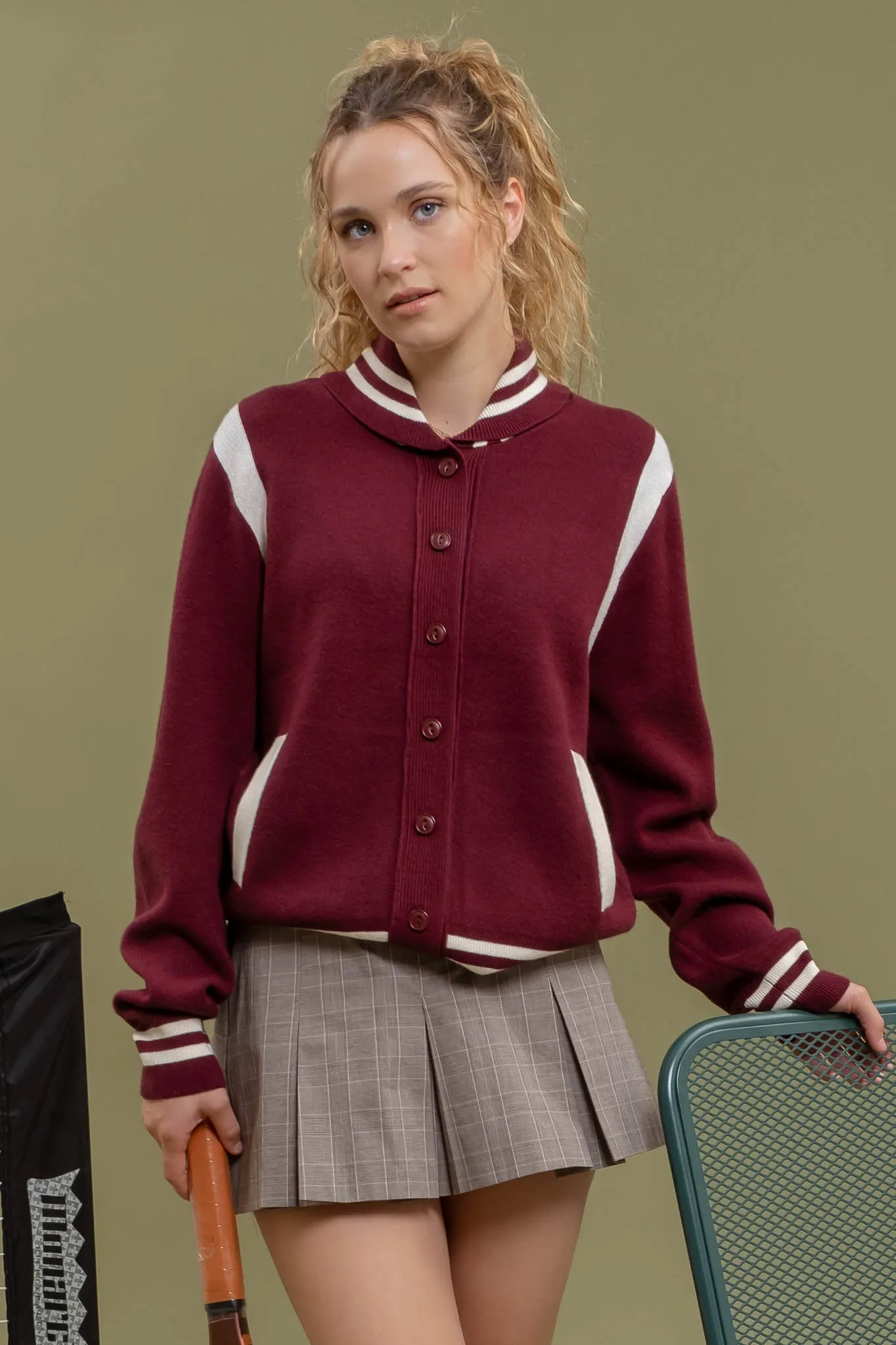 COLLARED BUTTON UP VARSITY SWEATER