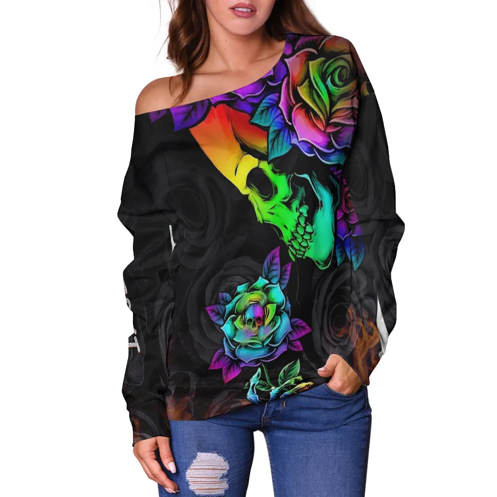 (Custom Personalised) Beautiful Sugar Skull Off Shoulder Sweater Dark Night Black Roses LT13