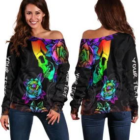 (Custom Personalised) Beautiful Sugar Skull Off Shoulder Sweater Dark Night Black Roses LT13