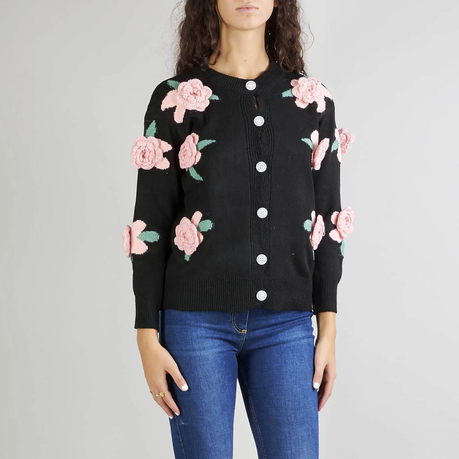 Cute Black Crew Neck Drop Shoulder Button Up Floral Jacquard Knit Cardigan