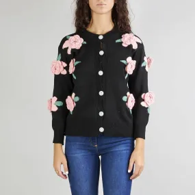 Cute Black Crew Neck Drop Shoulder Button Up Floral Jacquard Knit Cardigan