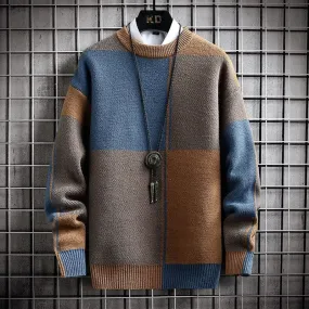 Dusk Sweater - Elevate Your Style: Colour-Blocked Crewneck Warm Sweater - Long Sleeve Loose Knit Pullover