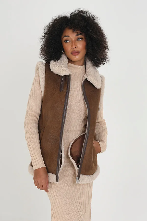 FAUX SUEDE GILET WITH SHERPA TRIMS