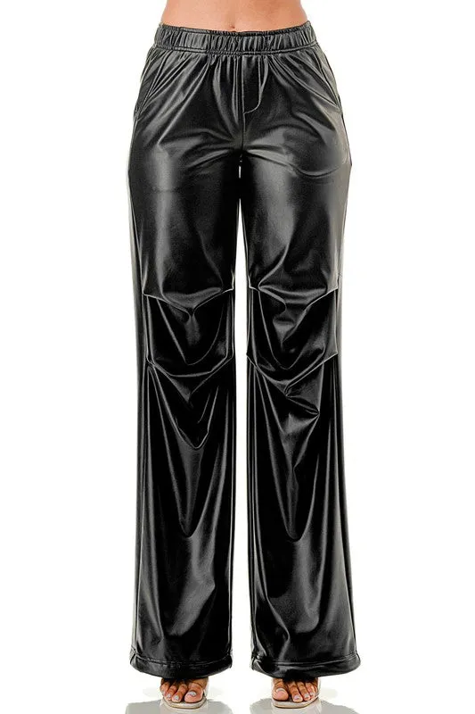 Fleece Faux Leather Parachute Pants