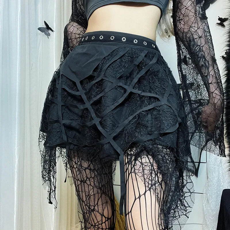 Goth punk spider web tassels skirt