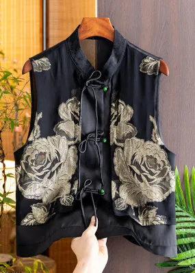 Handmade Black Stand Collar Embroideried Button Silk Cardigans Sleeveless LY9779