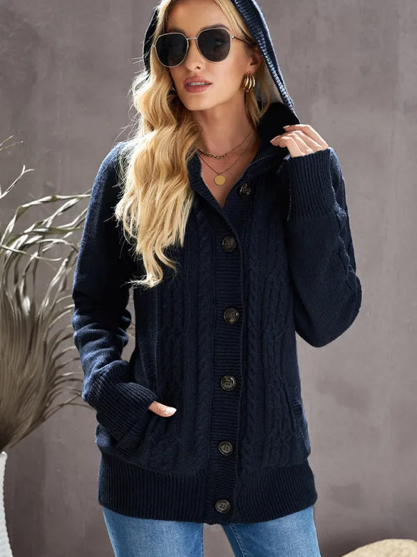 Hooded Coziness Cardigan | Mid-Length Knit Button-Up Sweater