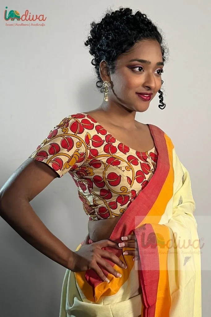 Indiva Kalamkari red, yellow cotton blouse - 32