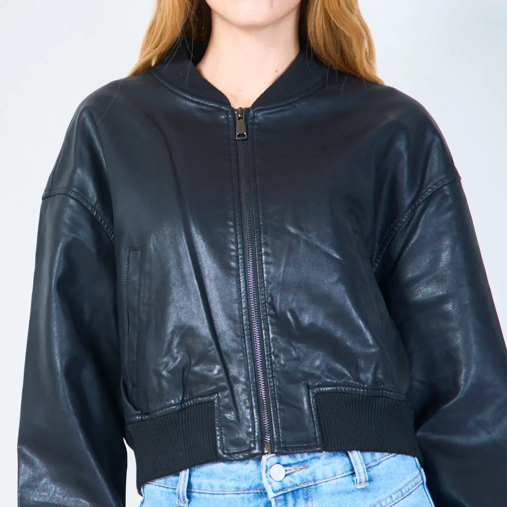 Leather bomber jacket with zipper closure wholesale