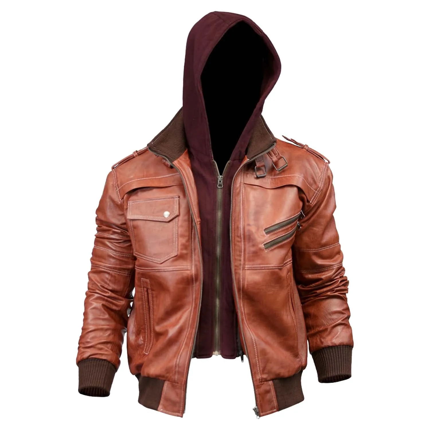 Men's Hooded Bomber Tan Vax Leather Jacket