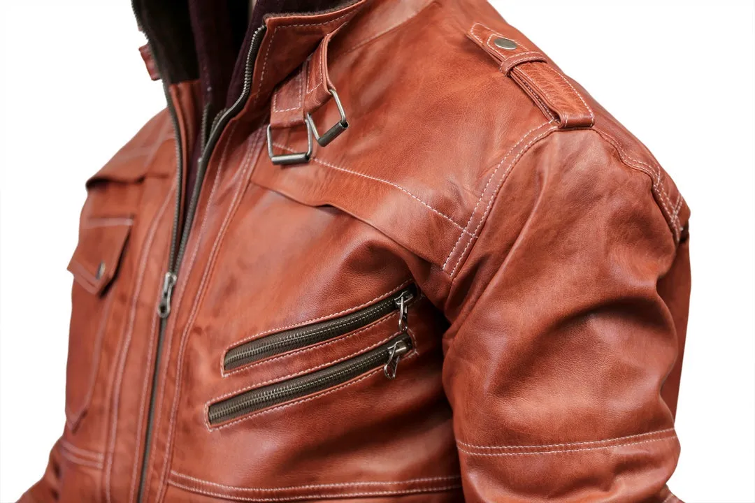 Men's Hooded Bomber Tan Vax Leather Jacket