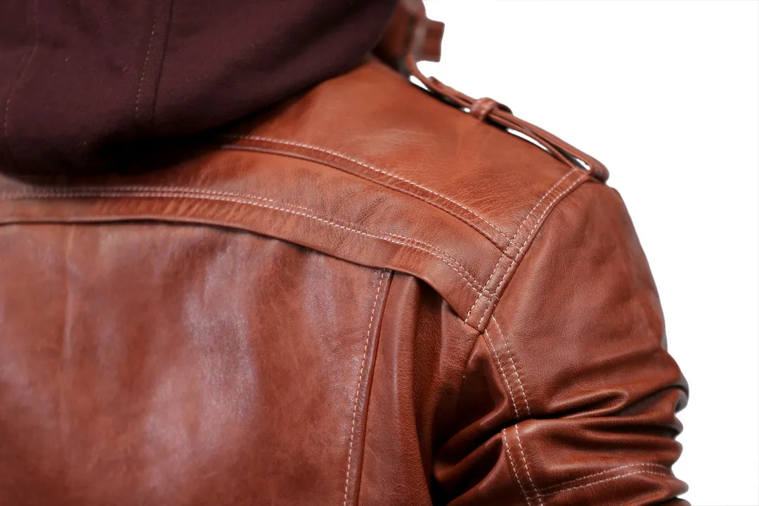 Men's Hooded Bomber Tan Vax Leather Jacket