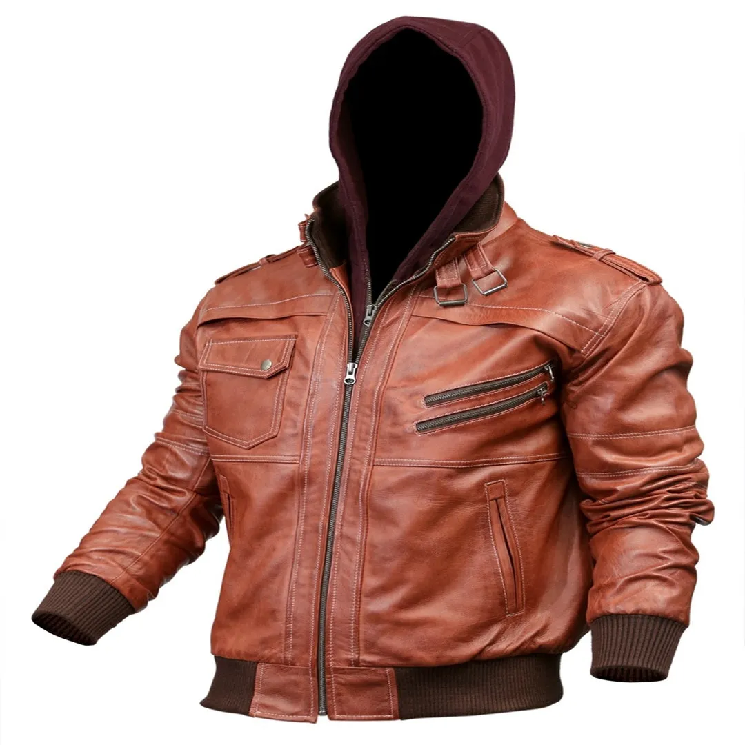 Men's Hooded Bomber Tan Vax Leather Jacket