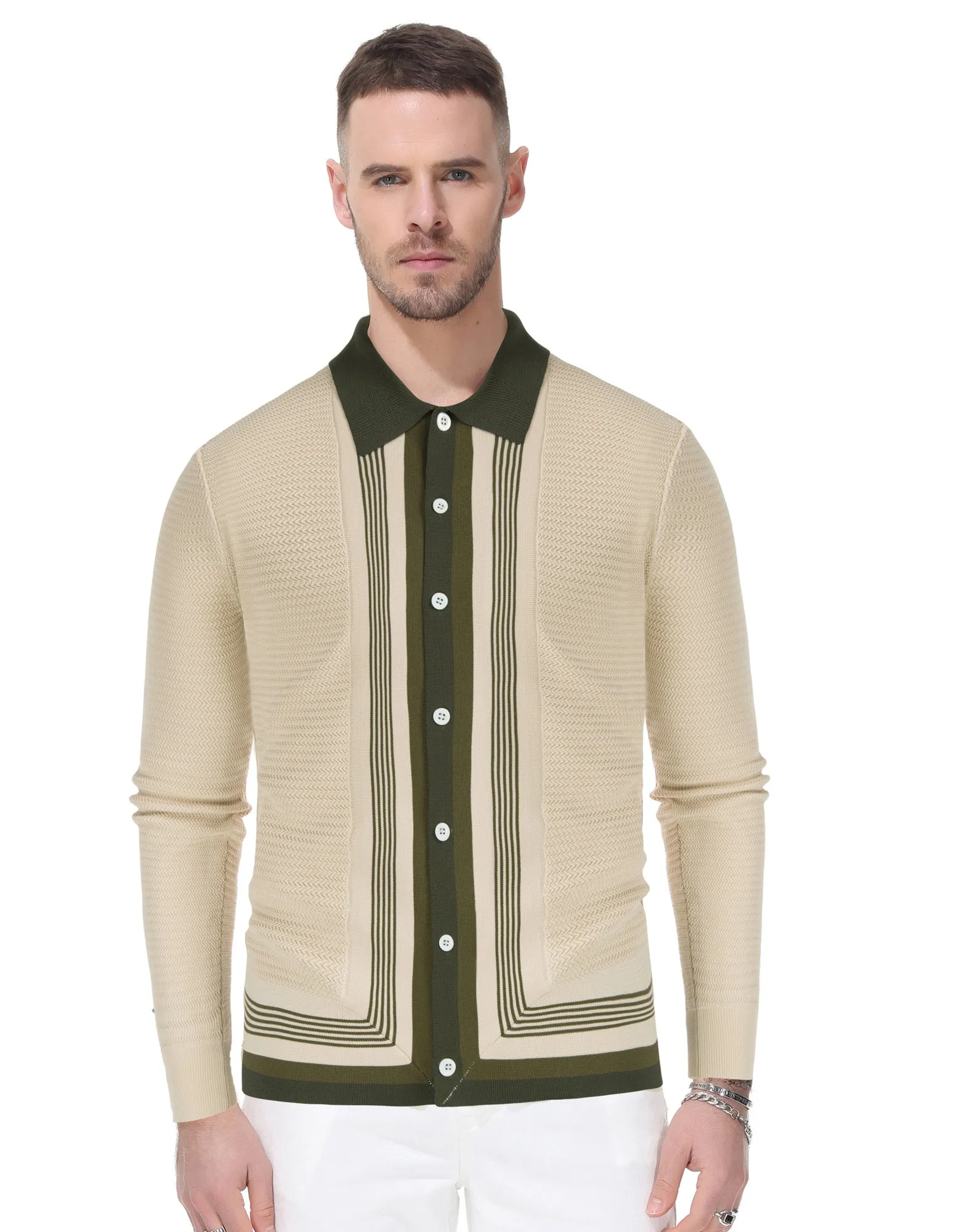 Mens Long Sleeve Button Down Knitted Cardigan Sweaters Stripe Polo Cardigans Shirts