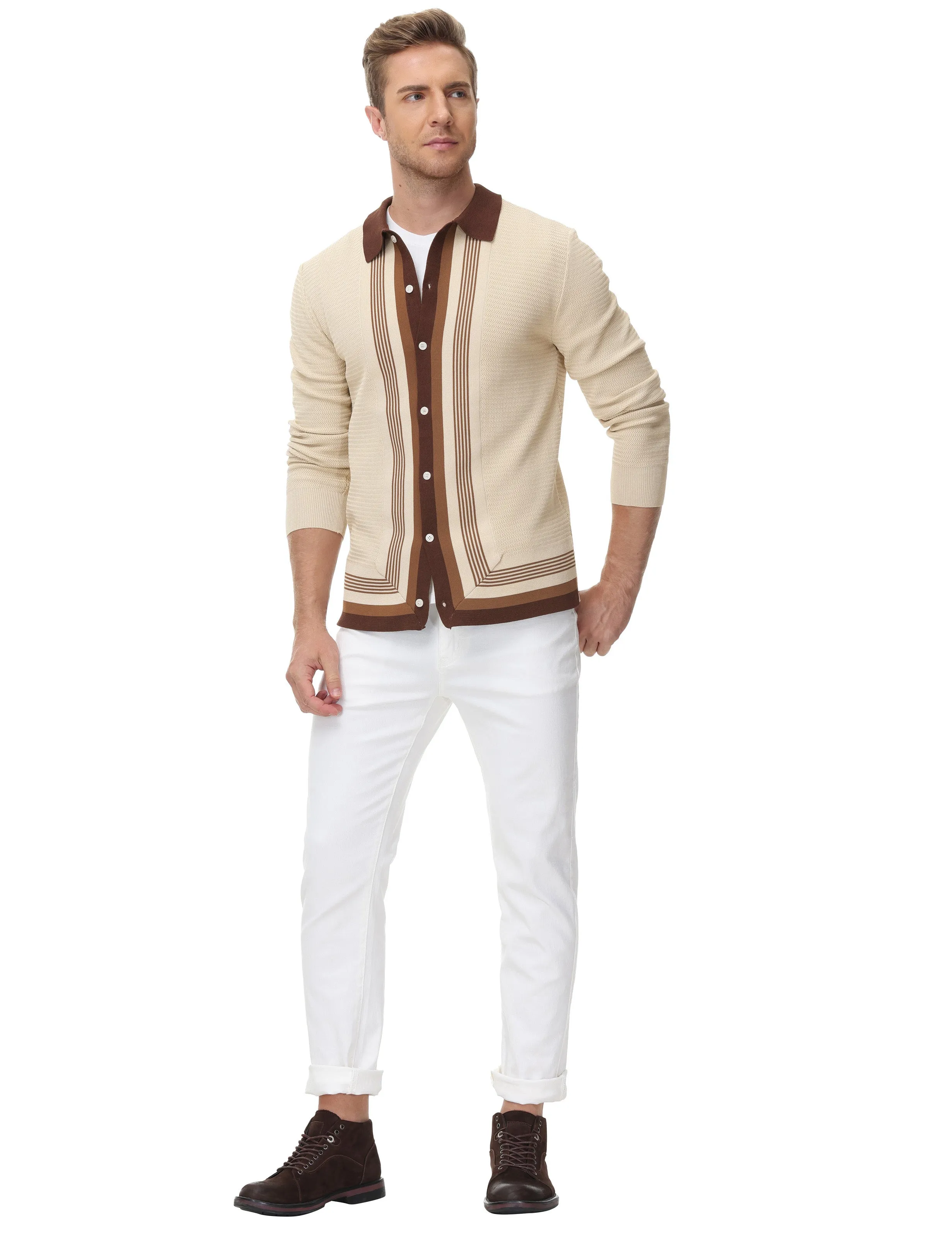 Mens Long Sleeve Button Down Knitted Cardigan Sweaters Stripe Polo Cardigans Shirts