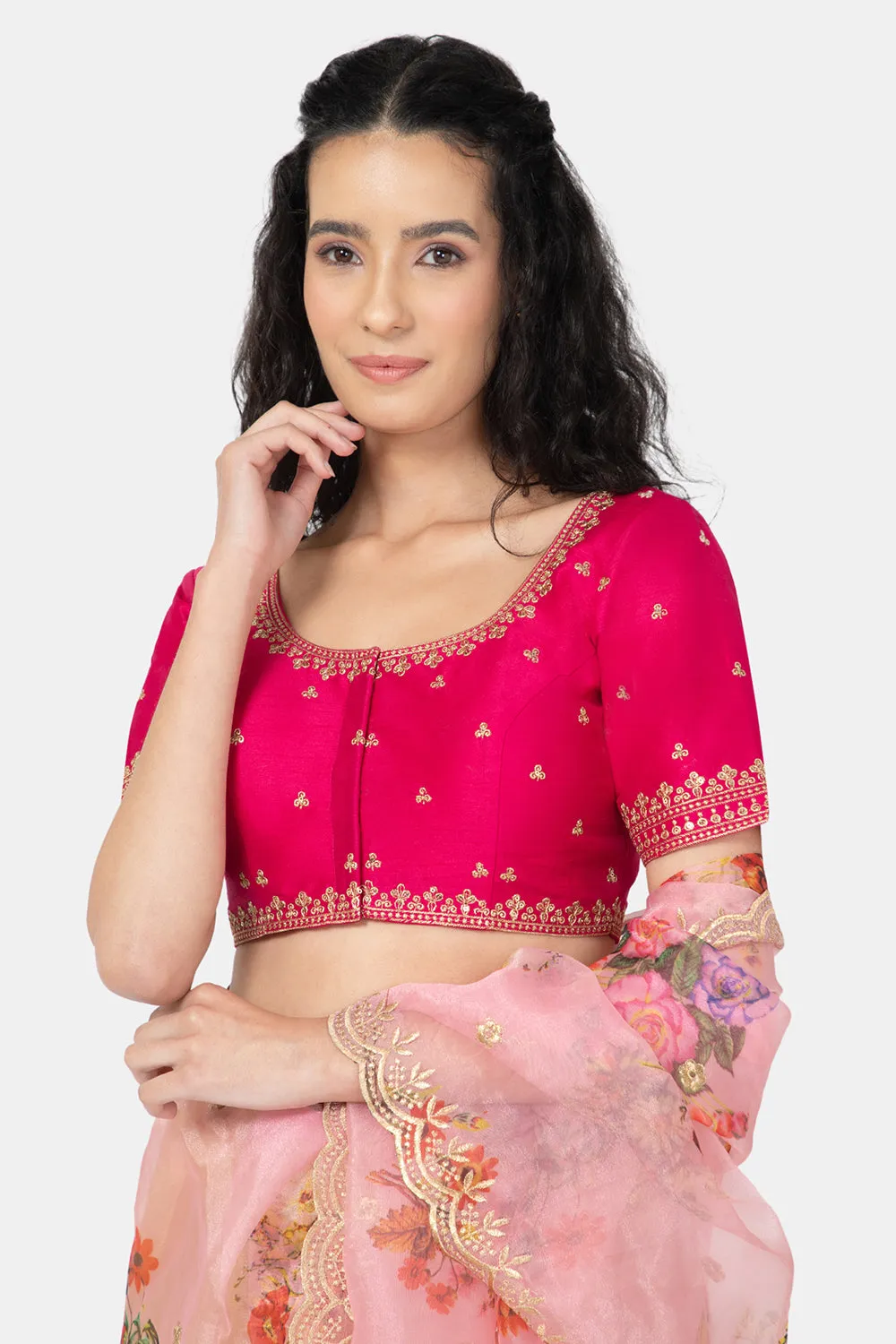 Naidu Hall Ethnic Saree Blouse with U-Neck Elbow Sleeves - Rani