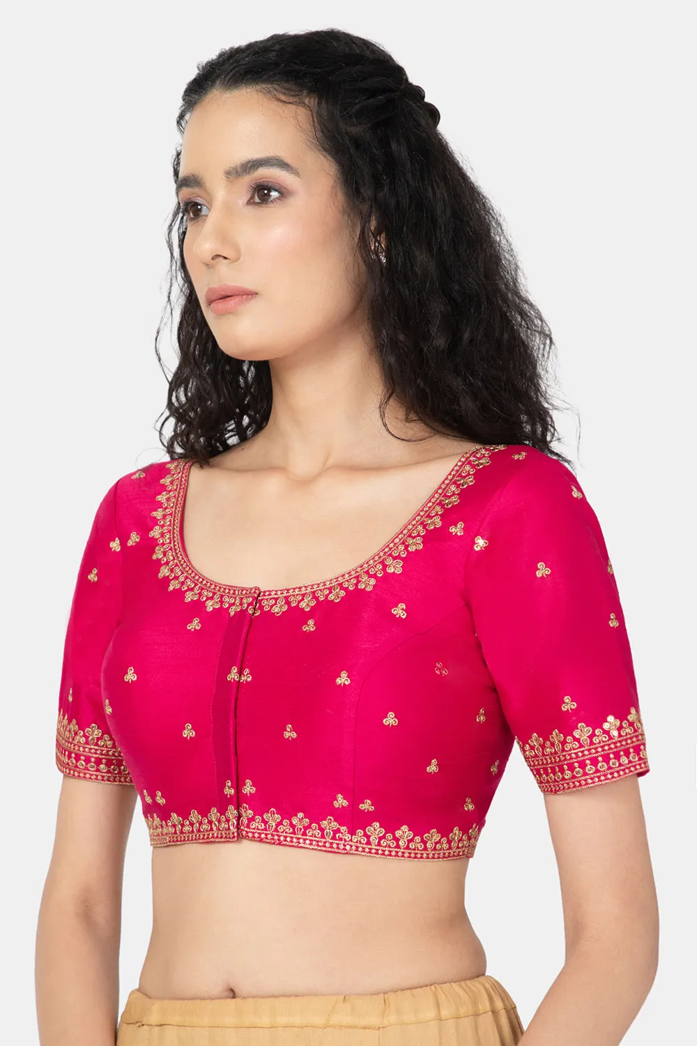 Naidu Hall Ethnic Saree Blouse with U-Neck Elbow Sleeves - Rani