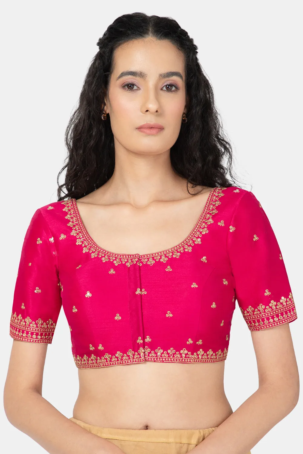 Naidu Hall Ethnic Saree Blouse with U-Neck Elbow Sleeves - Rani