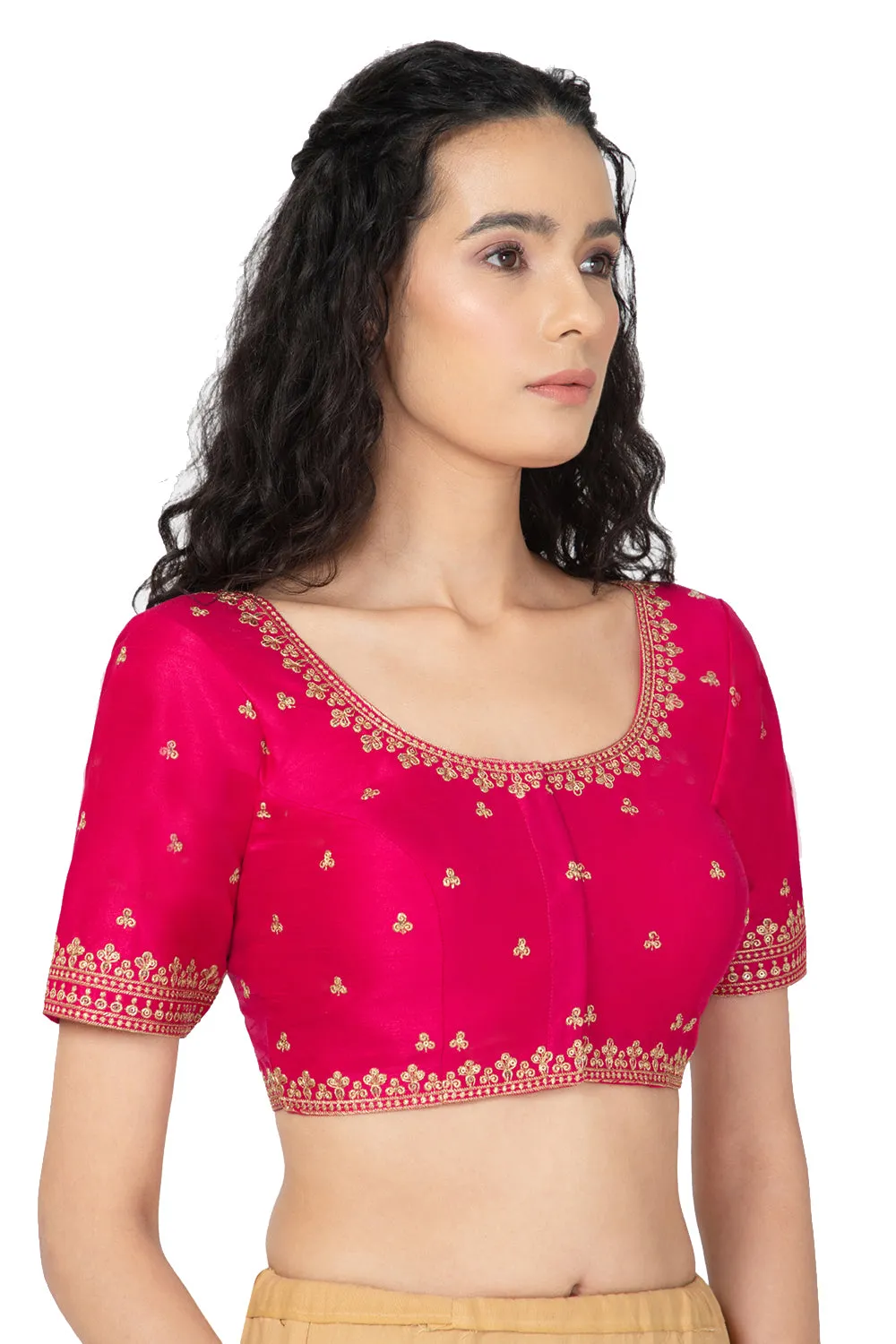 Naidu Hall Ethnic Saree Blouse with U-Neck Elbow Sleeves - Rani