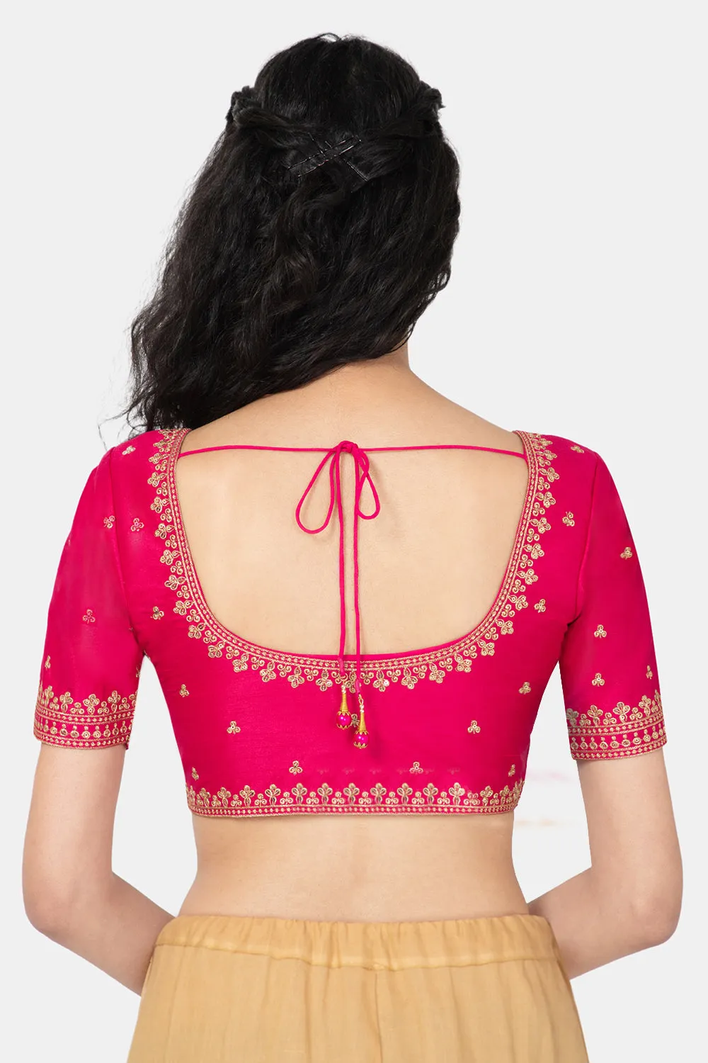 Naidu Hall Ethnic Saree Blouse with U-Neck Elbow Sleeves - Rani