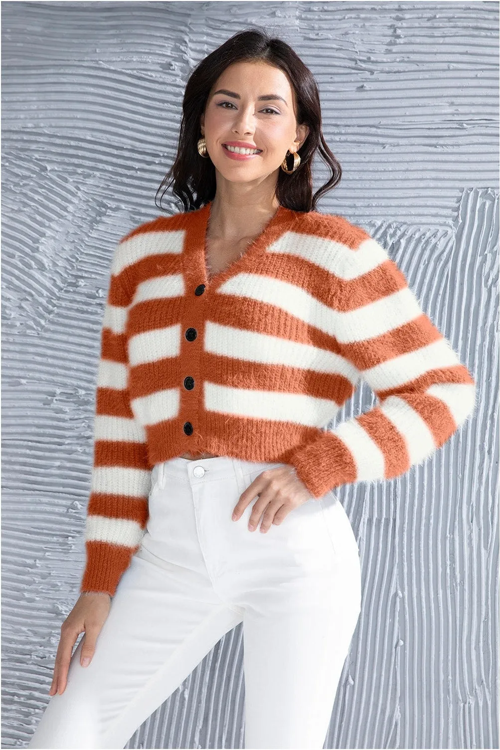 NicholesGifts Women Striped Button Up Cropped Cardigan