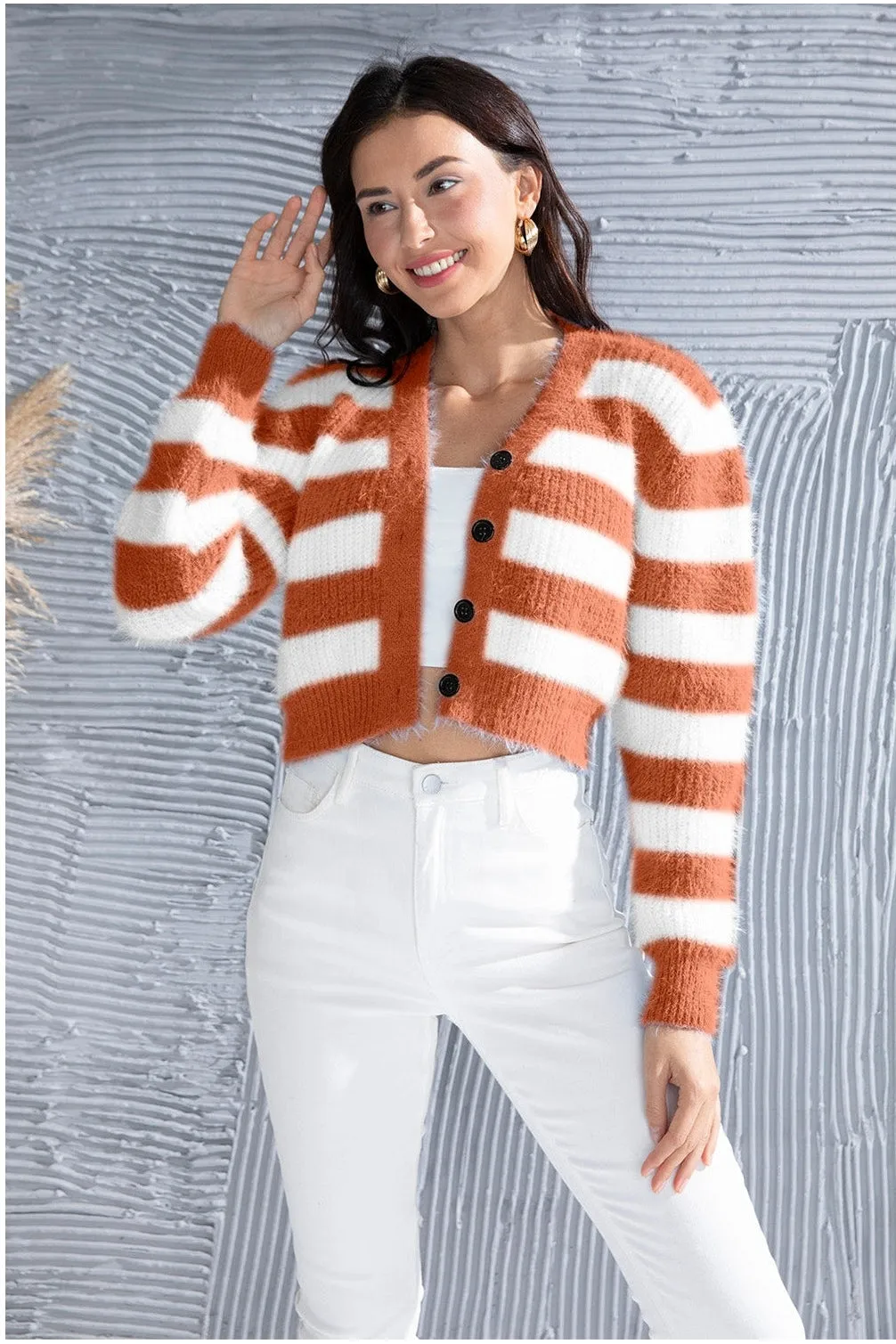 NicholesGifts Women Striped Button Up Cropped Cardigan