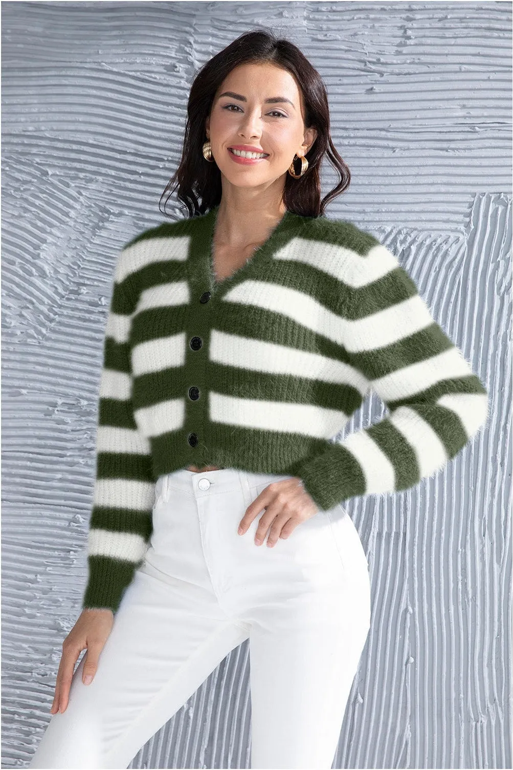 NicholesGifts Women Striped Button Up Cropped Cardigan