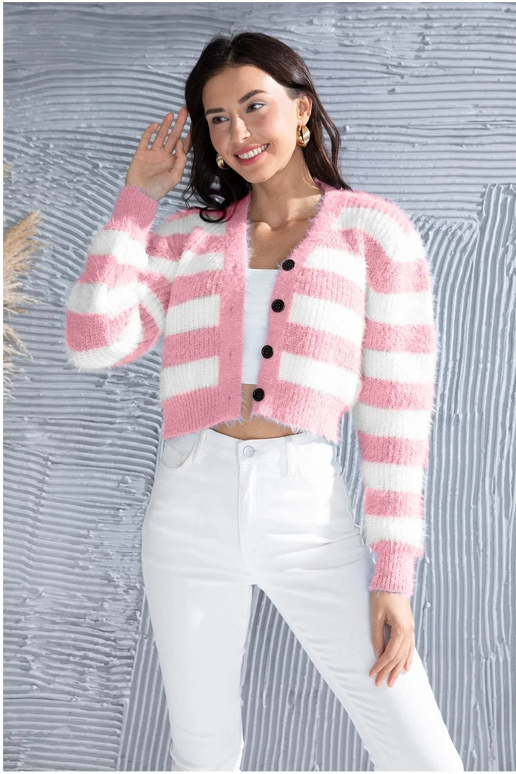 NicholesGifts Women Striped Button Up Cropped Cardigan