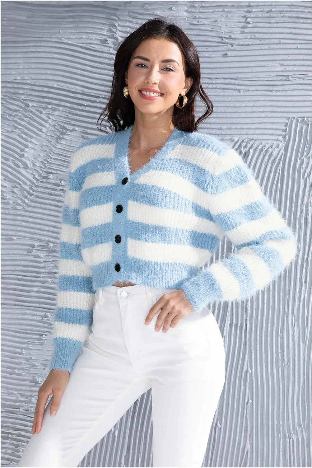 NicholesGifts Women Striped Button Up Cropped Cardigan