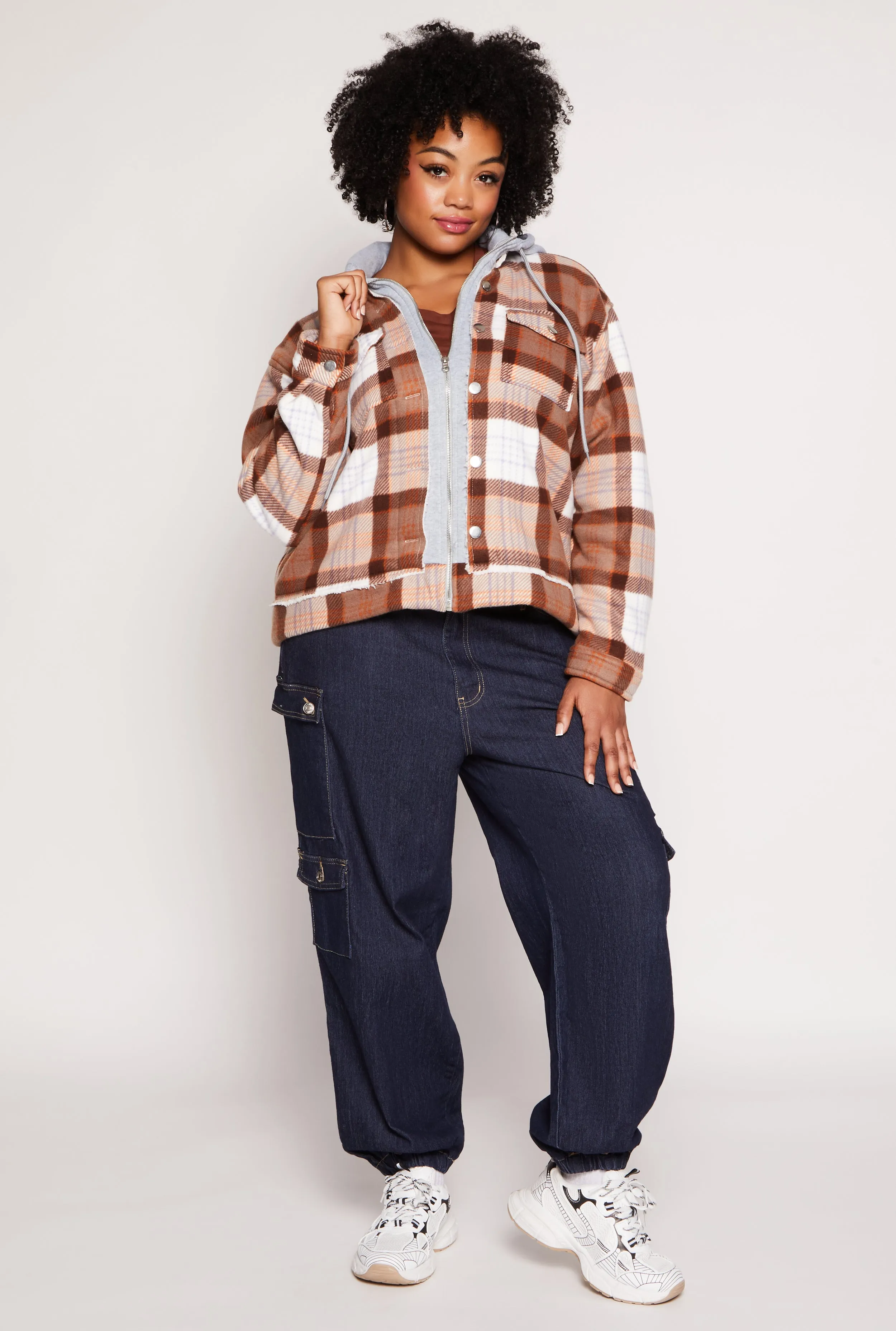 Plus Size Plaid Hooded Zip Front Jacket