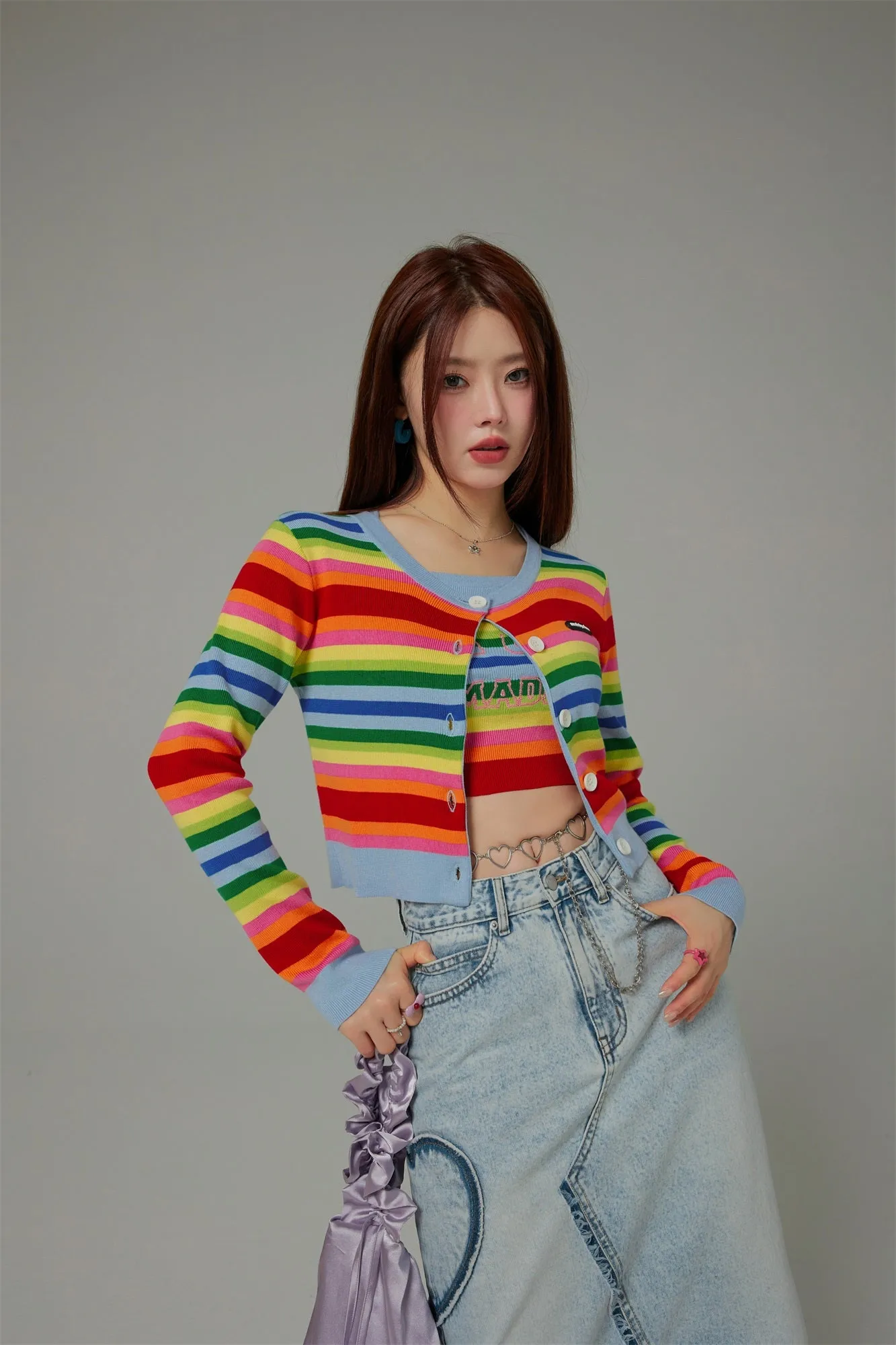 Rainbow Stripes Knit Button Cropped Cardigan