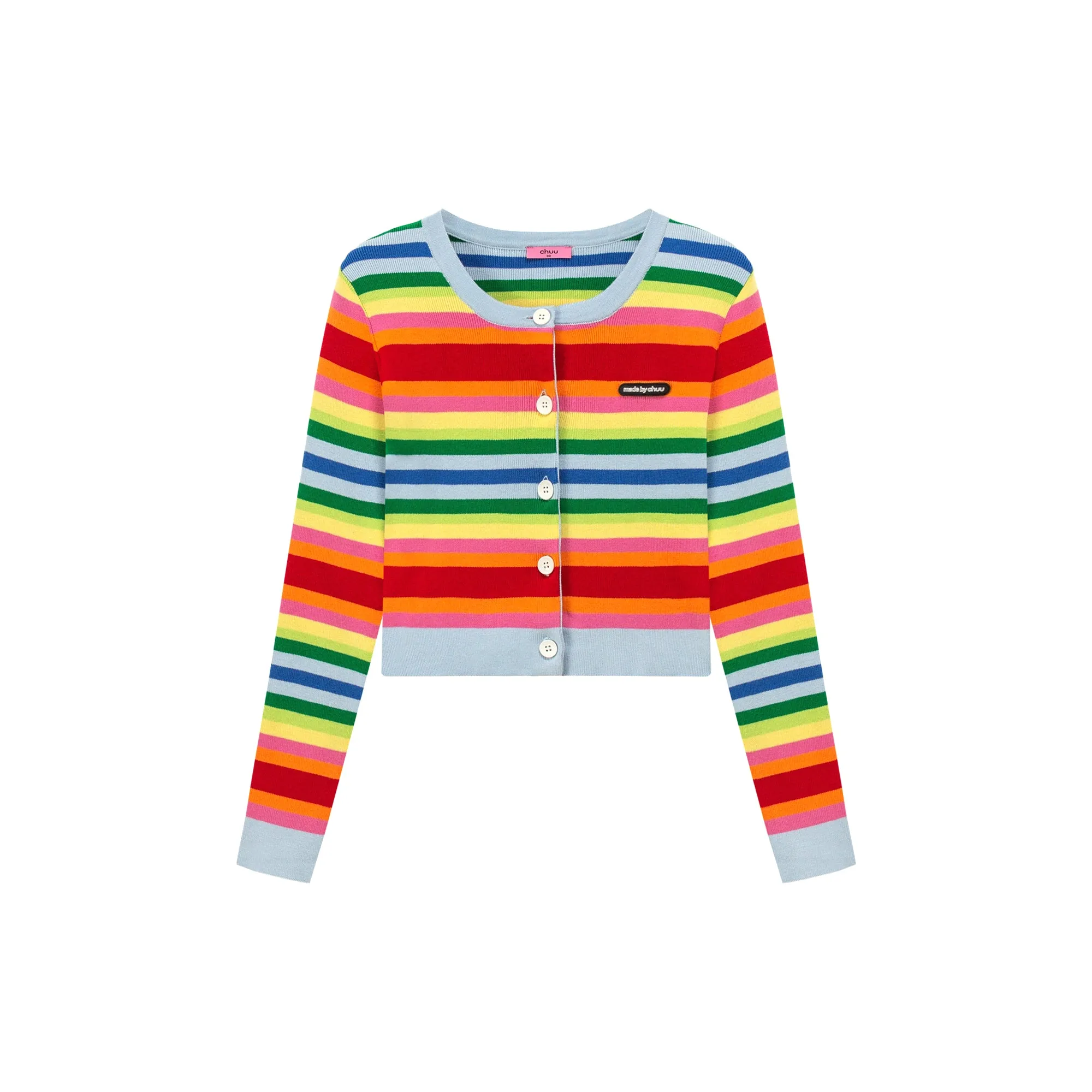 Rainbow Stripes Knit Button Cropped Cardigan